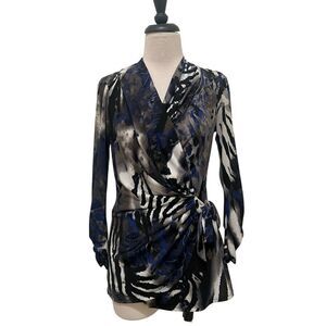 Cache Women's Abstract Zebra Print Tie Front Wrap Tunic Top Blue Grey Small
